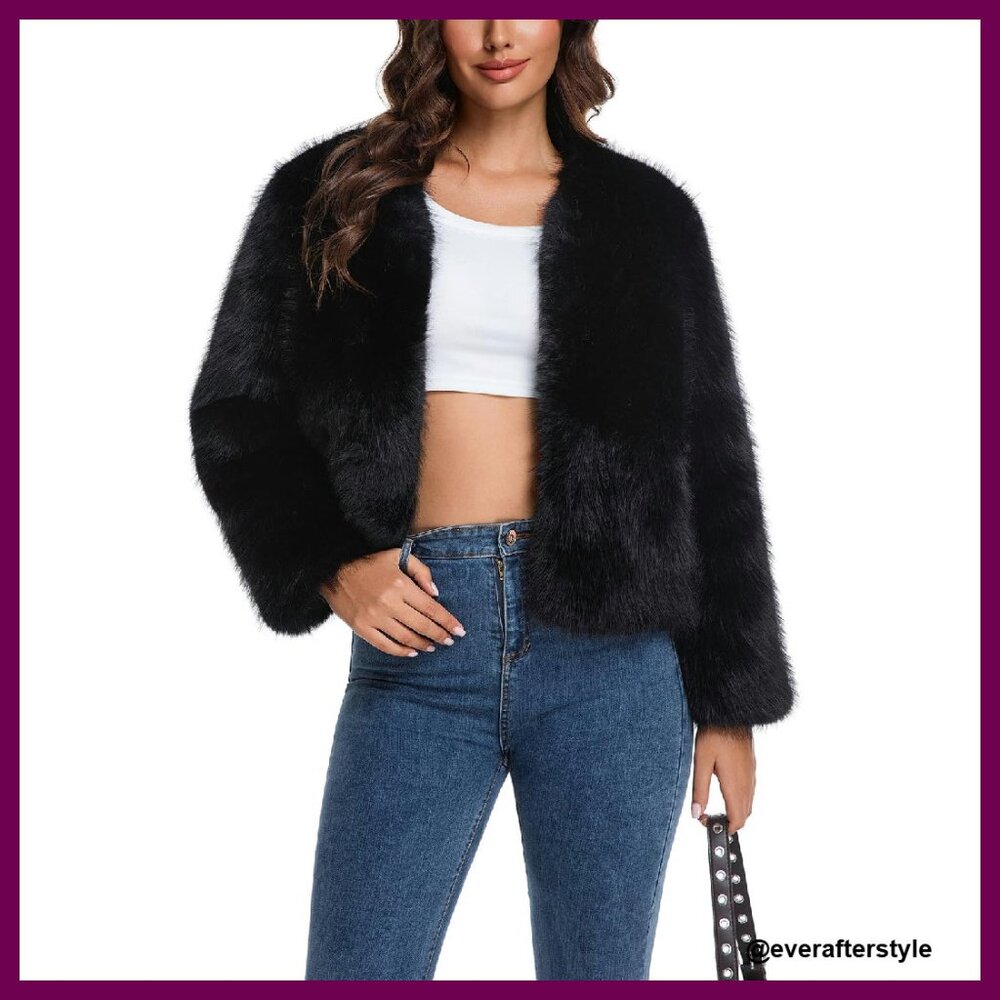 Cropped Faux Fur Jacket Y2k Chic Fluffy Winter Coat Cardigan Outerwear